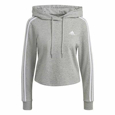 Tröja med huva Dam Adidas Essentials 3 Stripes Crooped Grå (Storlek: S)