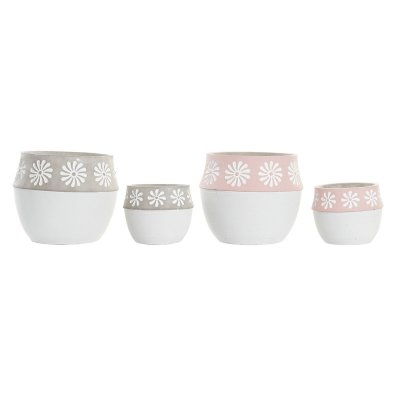 Krukset DKD Home Decor Grå Rosa Cement Vit Virágok (18 x 18 x 15,8 cm) (2 antal)
