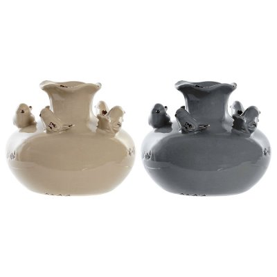 Vas DKD Home Decor Porslin Grå Beige Fåglar Shabby Chic (14.5 x 14.5 x 12 cm) (2 pcs)