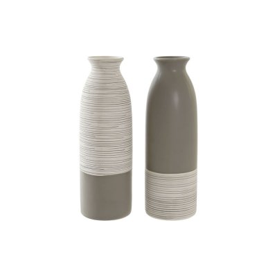 Vas DKD Home Decor Ränder Vit Keramik Brun Kräm (9,5 x 9,5 x 28,5 cm) (2 antal)