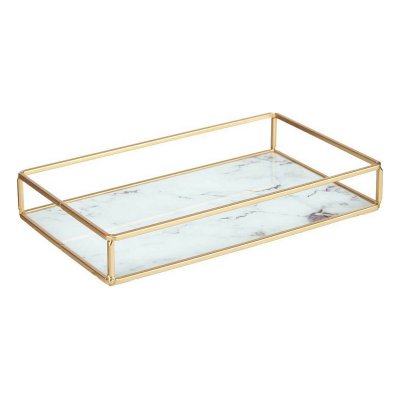 Bricka Marmor Gyllene Metall Vit Glas (25 x 4 x 15 cm)