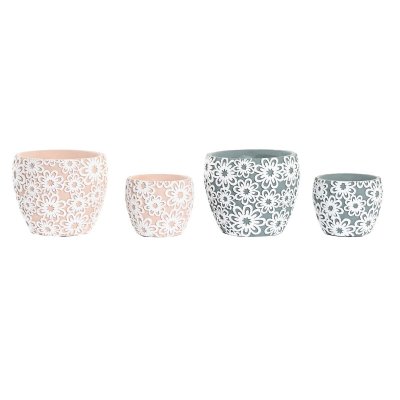 Krukset DKD Home Decor Rosa Cement Grön Virágok Shabby Chic (2 antal) (18 x 18 x 15 cm)