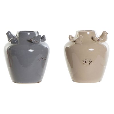 Vas DKD Home Decor Porslin Grå Beige Fåglar Shabby Chic (13 x 13 x 14.5 cm) (2 pcs)