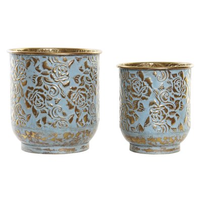 Kruka DKD Home Decor Blå Gyllene Metall (27 x 27 x 28 cm) (21.5 x 21.5 x 24.5 cm) (2 pcs)