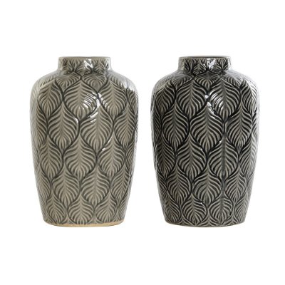 Vas DKD Home Decor Beige Porslin Grå Grön Orientalisk (2 antal) (16 x 16 x 26 cm)