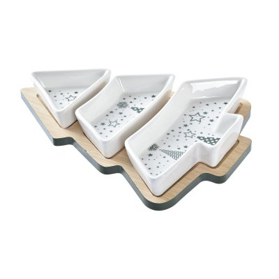 Snacksbricka DKD Home Decor Jul 4 Delar Träd Vit Grön Bambu Stengods (20 x 27 x 3,8 cm)