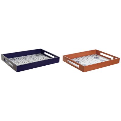 Bricka DKD Home Decor Kakel Blå Terrakota n Vit Trä MDF (2 antal) (40 x 30 x 5 cm)