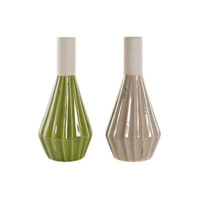 Vas DKD Home Decor Porslin Beige Grön Shabby Chic (14 x 14 x 29.5 cm) (2 pcs)