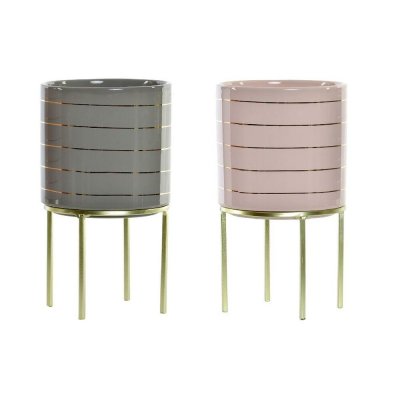 Kruka DKD Home Decor Keramik Ränder Metall Grön Ljusrosa (12.2 x 12.2 x 21 cm) (2 pcs)