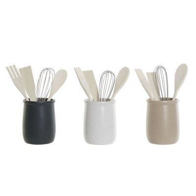 Kruka för köksredskap DKD Home Decor Gummiträ Stengods (3 pcs) (10 x 10 x 14 cm)
