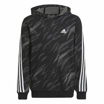 Tröja med huva Unisex Adidas 3 Stripes Svart (Storlek: 7-8 år)