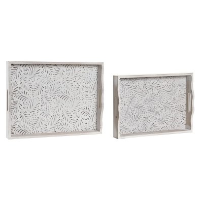 Uppsättning med Brickor DKD Home Decor Brun Vit Tropiskt 2 Delar Trä MDF Löv av en växt (39 x 30 x 5 cm)