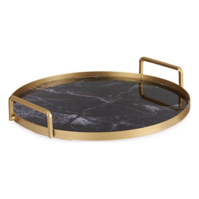Bricka Marmor Med handtag Svart Gyllene Metall Glas (35 x 4 x 20 cm)