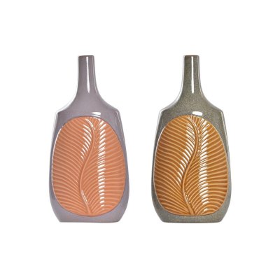 Vas DKD Home Decor Brun Orange Stengods Löv av en växt (2 antal) (18 x 18 x 39 cm)