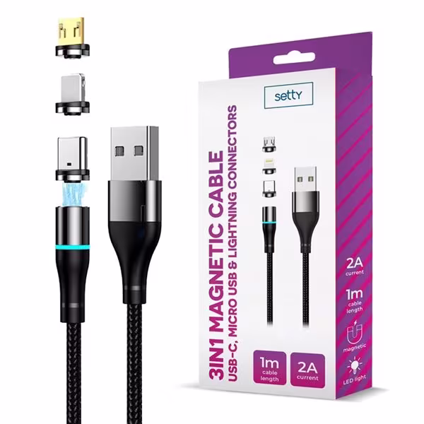Setty Magnetisk USB-kabel 1m 2A - svart