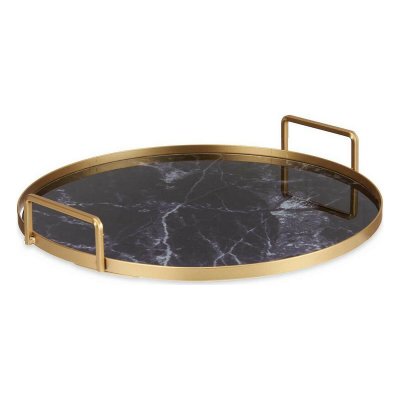 Bricka Marmor Med handtag Svart Gyllene Metall Glas (30 x 5 x 30 cm)