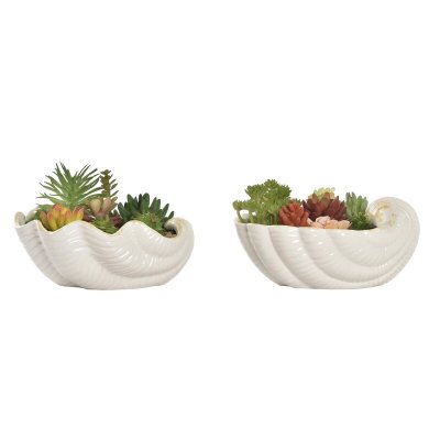 Dekorativ växt DKD Home Decor Vas Skal Vit Harts Multicolour PE (23 x 19 x 16 cm) (2 antal)