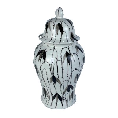 Keramikskål DKD Home Decor Porslin Svart Vit Orientalisk Löv av en växt (22 x 22 x 42 cm)