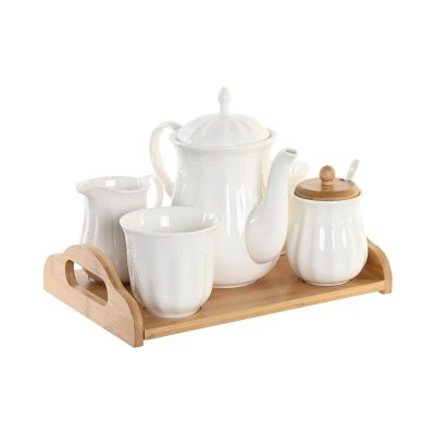Set med kaffekoppar DKD Home Decor Naturell Porslin Vit Bambu