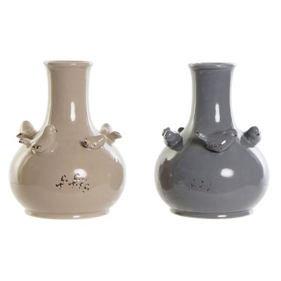 Vas DKD Home Decor Porslin Grå Beige Fåglar Shabby Chic (13.5 x 13.5 x 18 cm) (2 pcs)