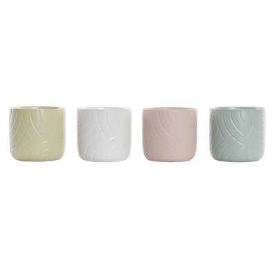 Kruka DKD Home Decor Rosa Mint Vit Gul Stengods Löv av en växt (13,7 x 13,7 x 12,8 cm) (4 antal)