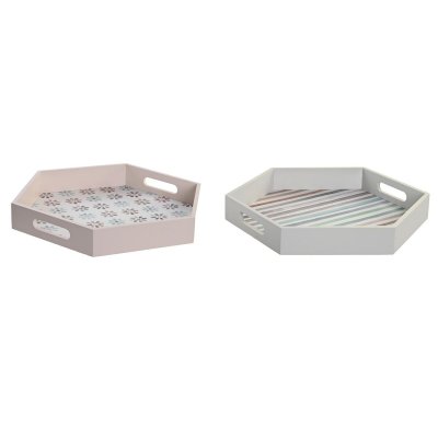 Bricka DKD Home Decor Grå Gul Himmelsblå Trä MDF (38 x 33 x 5 cm) (2 antal)